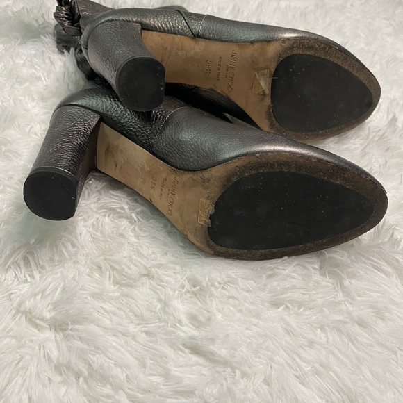 Jimmy Choo Malene 85 Anthracite Metallic Grainy Leather Bow Wrap Boots Grey 39.5 - Picture 9 of 14